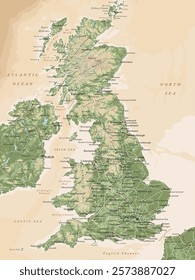 High detailed Vintage United Kingdom physical map with labeling.