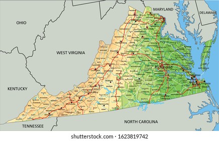 High detailed Virginia physical map with labeling.