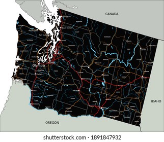 High detailed Washington road map with labeling.
