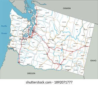 High detailed Washington road map with labeling.