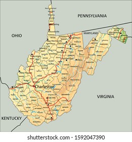 High detailed West Virginia physical map with labeling.