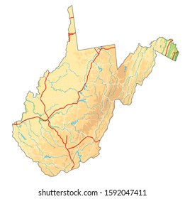 High detailed West Virginia physical map.