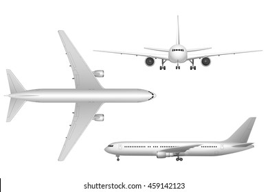 High detailed white airplane on a white background. Airplane in profile, from the front and top view isolated vector illustration Airline Concept Travel Passenger planes set. 