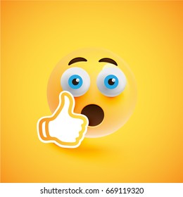 High detailed wondering yellow smiley with thumbs up on yellow background