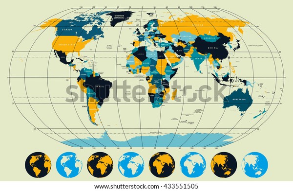 High Detailed World Map Meridians Parallels Stock Vector Royalty