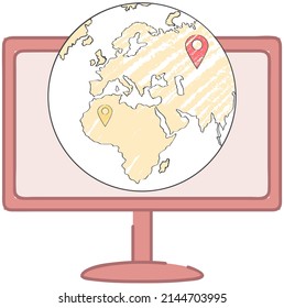 High detailed world map on screen. Computer program for navigation. Flat map of Earth with marks, digital scheme of world on monitor. Diagram of planet with continents and oceans vector illustration