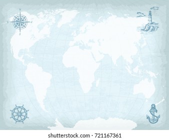 High detailed world map on old craft paper texture background. Hand drawn compass, lighthouse, ship wheel and anchor. Template for your design works. Vector illustration.