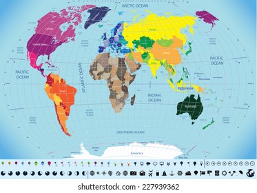 high detailed world map with time zone clocks, navigation and travel icons