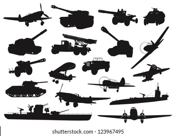 High detailed World War 2 military silhouettes set. Vector