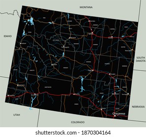High detailed Wyoming road map with labeling.