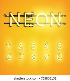 High detailed yellow neon character set for advertising, vector illustration