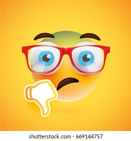 High detailed yellow smiley with sunglasses and thumbs down, vector illustration