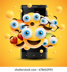High detailed yellow smileys on a smartphone, vector illustration