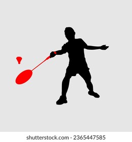 High details of badminton player silhouette. Minimal symbol and logo of sport. Fit for element design, background, banner, backdrop, cover, logotype. Isolated on black background. Vector Eps 10