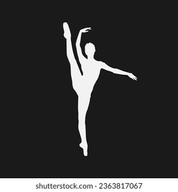 High details of ballerina silhouette. Minimal symbol and logo of sport. Fit for element design, background, banner, backdrop, cover, logotype. Isolated on black background. Vector Eps 10