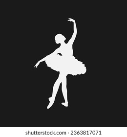 High details of ballerina silhouette. Minimal symbol and logo of sport. Fit for element design, background, banner, backdrop, cover, logotype. Isolated on black background. Vector Eps 10