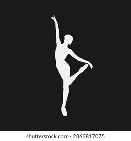High details of ballerina silhouette. Minimal symbol and logo of sport. Fit for element design, background, banner, backdrop, cover, logotype. Isolated on black background. Vector Eps 10