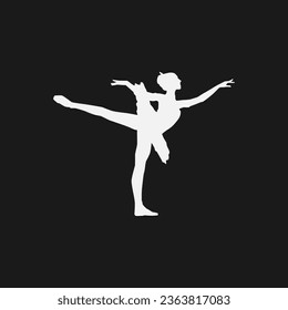 High details of ballerina silhouette. Minimal symbol and logo of sport. Fit for element design, background, banner, backdrop, cover, logotype. Isolated on black background. Vector Eps 10