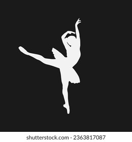 High details of ballerina silhouette. Minimal symbol and logo of sport. Fit for element design, background, banner, backdrop, cover, logotype. Isolated on black background. Vector Eps 10