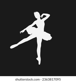 High details of ballerina silhouette. Minimal symbol and logo of sport. Fit for element design, background, banner, backdrop, cover, logotype. Isolated on black background. Vector Eps 10