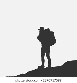 High details of hiking silhouette. Minimal symbol and logo of sport. Fit for element design, background, banner, backdrop, cover, logotype. Isolated on black background. Vector Eps 10
