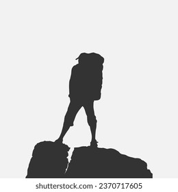 High details of hiking silhouette. Minimal symbol and logo of sport. Fit for element design, background, banner, backdrop, cover, logotype. Isolated on black background. Vector Eps 10