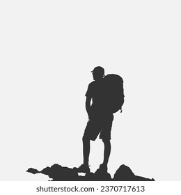 High details of hiking silhouette. Minimal symbol and logo of sport. Fit for element design, background, banner, backdrop, cover, logotype. Isolated on black background. Vector Eps 10