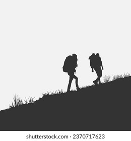 High details of hiking silhouette. Minimal symbol and logo of sport. Fit for element design, background, banner, backdrop, cover, logotype. Isolated on black background. Vector Eps 10
