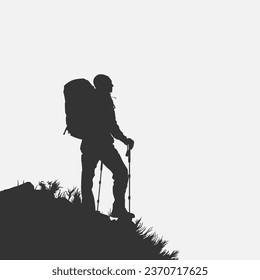 High details of hiking silhouette. Minimal symbol and logo of sport. Fit for element design, background, banner, backdrop, cover, logotype. Isolated on black background. Vector Eps 10