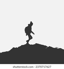 High details of hiking silhouette. Minimal symbol and logo of sport. Fit for element design, background, banner, backdrop, cover, logotype. Isolated on black background. Vector Eps 10