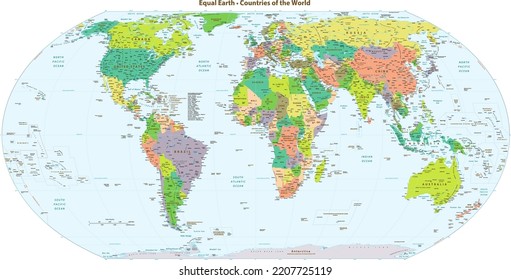 High Details Political World Map Equal Earth Projection