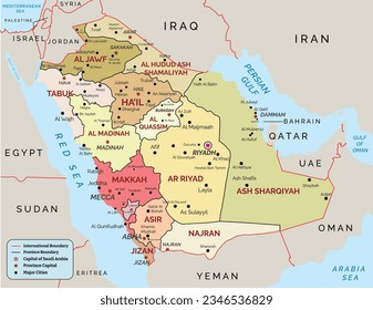 High details Saudi Arabia map with provinces, regions, capitals, provinces boundary, International boundary, major cities.