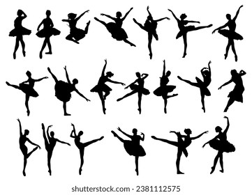 High details silhouette of balerina collection. Minimal symbol and logo of sport. Fit for element design, background, banner, backdrop, cover, logotype. Isolated on white background. Vector Eps 10.