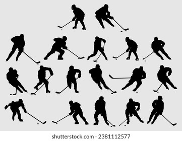 Hoch Details Silhouette der Eishockeykollektion. Minimales Symbol und Logo des Sports. Geeignet für Elementdesign, Hintergrund, Banner, Hintergrund, Abdeckung, Logo. Einzeln auf weißem Hintergrund. Vektorgrafik-EPS10.