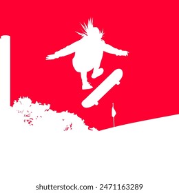 High details of skate board silhouette. Sport silhouettes. Fit for element design, background, banner, backdrop, cover, logotype. Isolated on red background. Vector Eps 10