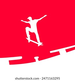 High details of skate board silhouette. Sport silhouettes. Fit for element design, background, banner, backdrop, cover, logotype. Isolated on red background. Vector Eps 10