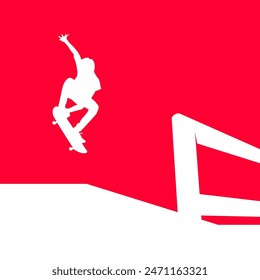 High details of skate board silhouette. Sport silhouettes. Fit for element design, background, banner, backdrop, cover, logotype. Isolated on red background. Vector Eps 10