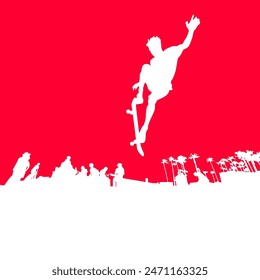 High details of skate board silhouette. Sport silhouettes. Fit for element design, background, banner, backdrop, cover, logotype. Isolated on red background. Vector Eps 10