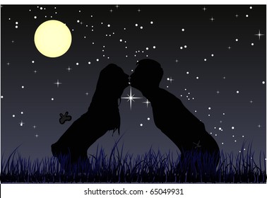 High details vector illustration of couple Kissing into the night.