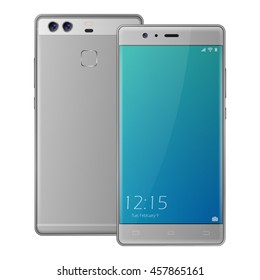 High detaled white or silver Smartphone with blank locked screen. Vector illustration. Dual camera smart phone.  Mobile phone front and back side isolated.