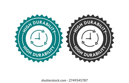 High durability stamp design featuring a clock and rotating arrows in a jagged seal, symbolizing long-lasting quality, reliability, and lifetime performance.