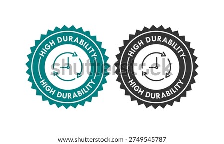 High durability stamp design featuring a clock and rotating arrows in a jagged seal, symbolizing long-lasting quality, reliability, and lifetime performance.