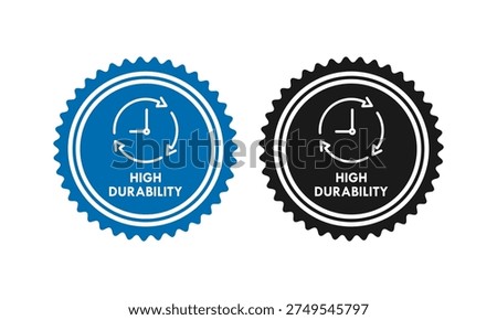 High durability stamp design featuring a clock and rotating arrows in a jagged seal, symbolizing long-lasting quality, reliability, and lifetime performance.