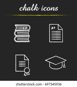 High education chalk icons set. Student's graduation hat, diploma, test with excellent mark, books stack. Isolated vector chalkboard illustrations