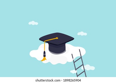 High education, cost and expense to graduate high degree education concept, graduation cap on high cloud with ladder.