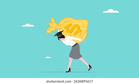 high education costs, debt burden for college education costs, woman students with graduation caps carrying huge educational debts vector illustration