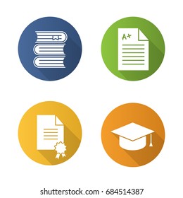 High education flat design long shadow glyph icons set. Student's graduation hat, diploma, test with excellent mark, books stack. Vector silhouette illustration