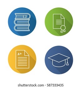 High education flat linear long shadow icons set. Student's graduation hat, diploma, test with excellent mark, books stack. Vector line illustration