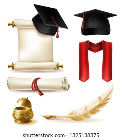 High education graduation symbols realistic vector set with mortarboard cap and scarf, diploma or certificate blank parchment, quill pen and golden inkwell illustration isolated on white background