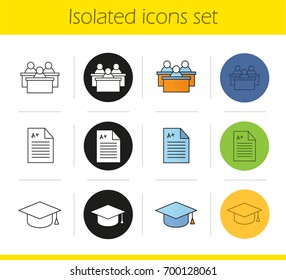 High education icons set. Linear, black and color styles. Students, test paper with excellent mark, graduation cap. Isolated vector illustrations